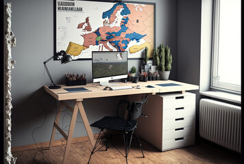 a desk with maps of Poland and Europe. Generative AI