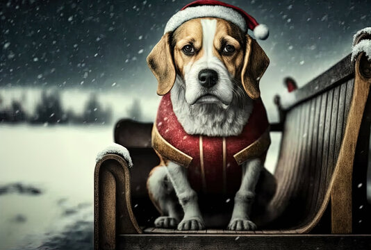 Banner depicting a cheerful dog in a Santa Claus outfit sitting on a sleigh for Christmas. solitary on a gloomy backdrop. Generative AI
