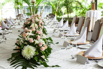 Reception Room With Table Decorated For The Wedding Party