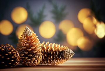 Christmas background with pine cones, fir tree branches and bokeh effect on a wooden table. Space for text.