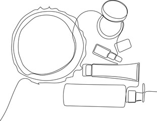 Continuous drawing of one line of bottles with oil or honey or lemon or lime juice for scrubbing and body skin care with natural herbal skin care products, top view of ingredients. Vector illustration