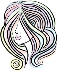 beautiful woman face, girl with beautiful colorful rainbow hair hand drawn
