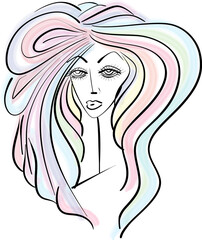 beautiful woman face, girl with beautiful colorful rainbow hair hand drawn