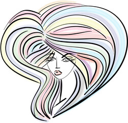 beautiful woman face, girl with beautiful colorful rainbow hair hand drawn