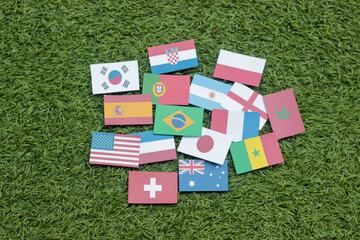 Leather soccer ball with international team flags of the participating countries in the...