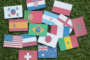 Leather soccer ball with international team flags of the participating countries in the...
