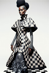 fashion female model, with futuristic clothes inspired by chess, digital illustration