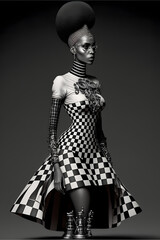 Fototapeta premium fashion female model, with futuristic clothes inspired by chess, digital illustration