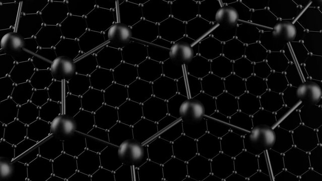 Spinning spheres shredded into black fine hexagonal atoms under black-white background. Concept 3D CG of strength analysis, blockchain information technology and social human relations.