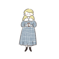 ファッション　ファンシーレトロな女の子　手描きイラスト素材