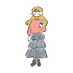 ファッション　ファンシーレトロな女の子　手描きイラスト素材