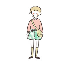 ファッション　ファンシーレトロな女の子　手描きイラスト素材