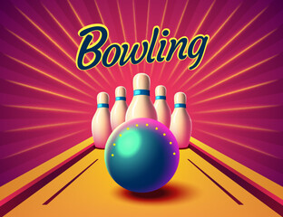 Bowling party club poster with the bright background. Vector