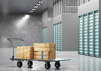 Boxes on cargo trolley. Storage company interior. Trolley for warehouse work. Old boxes in warehouse corridor. Steel trolley in front of closed doors. Warehouse equipment. 3d rendering.