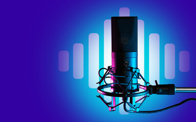 Professional studio microphone close up. Condenser microphone on blue. Device for podcasting....