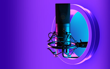 Mike for podcasts. Professional radio host microphone on purple background. Mike for recording internet podcasts. Concept of voice broadcasting. Round window with condenser Mike. Recording equipment - obrazy, fototapety, plakaty