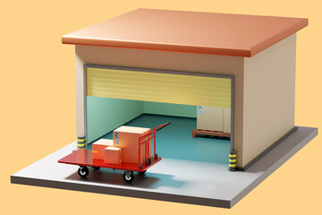Warehouse building. Building exterior for storage boxes. Trolley with parcels near open warehouse. Miniature warehouse with boxes. Space for storing goods. 3d image.
