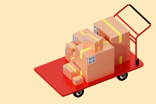 Warehouse trolley with card boxes. Trolley for airport concept. Big cart with handle on beige background. Metal trolley with parcels. Equipment for cargo logistics. Boxes with QR codes. 3d image.