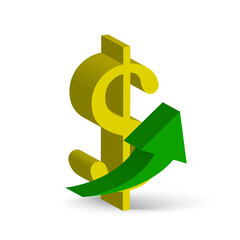 Gold dollar up arrow. Growth diagram financial graph. Market chart profit money. Vector illustration. Stock image. 