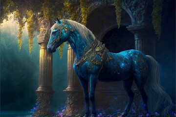 sapphire blue legendary horse, fantasy painting, wallpaper	