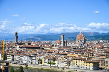 Fototapeta na wymiar Florence, Italy: Historic buildings in city centre. Panoramic view of old city of Firenze. Florence Cathedral. Santa Maria del Fiore. 