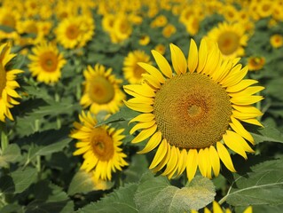 Fototapeta premium Beautiful sunflowers growing in field on sunny day