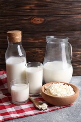 Tasty fresh milk and cottage cheese on grey table