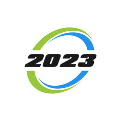 Happy New Year logo text design 2023 number design template. Happy New Year symbols