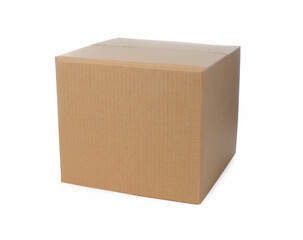 One closed cardboard box on white background
