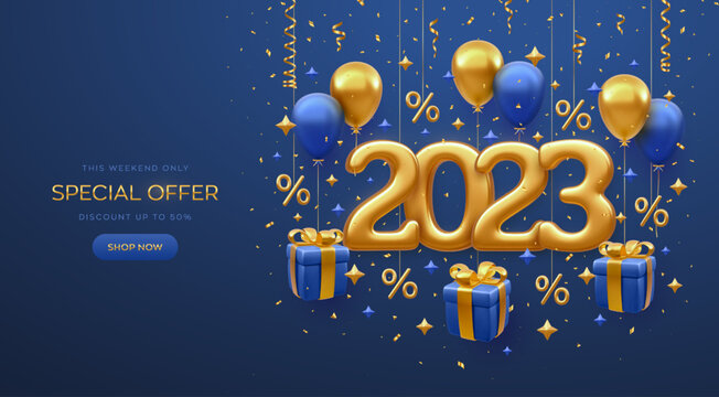 Christmas sale design banner. Happy New 2023 Year. Gold metallic numbers 2023 with shopping bag, price tag, gift box with golden bow, fly helium balloons on blue background. Vector illustration.