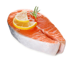 Fresh raw salmon steak with rosemary and lemon on white background