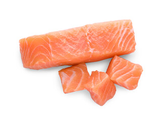 Pieces of fresh raw salmon on white background, top view