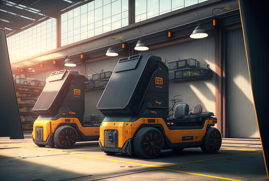 In futuristic hangars with solar panels, two autonomous forklifts are unloading electric and solar trucks. Generative AI