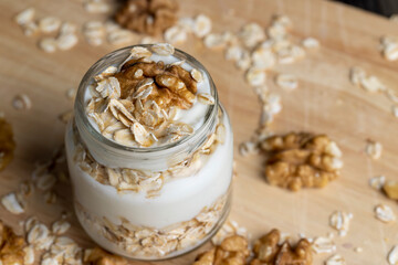 yogurt made from milk with walnuts and muesli