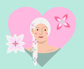 vector illustration of a woman with flowers in her white hair, mature woman smiling, portrait of an attractive older woman