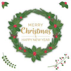 Merry Christmas Wreath, christmas ornament. vector illustration,  white background. Green fir twigs and red berries. Vector illustration. Nature design greeting card template.