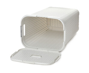 One open empty laundry basket isolated on white