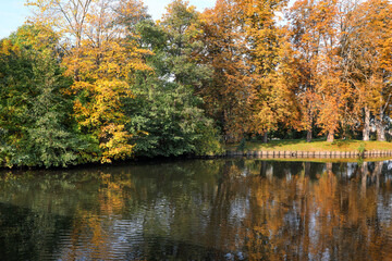 Fototapeta premium Picturesque view of river and trees in beautiful park. Autumn season