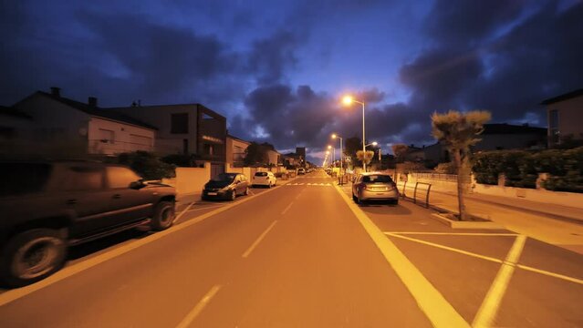 Night view of a road moving forward Palavas les flots Occitanie