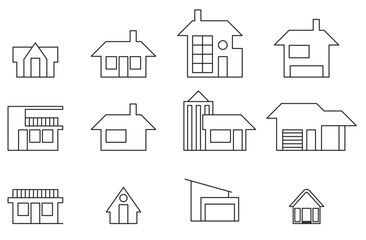 Sets of 2D architectural graphic CAD illustration of the front facade of a modern house. 2 floors with modern elements. Black and white.
