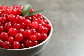 Ripe fresh cranberry on grey table, closeup. Space for text