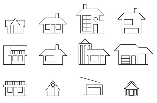 Sets of 2D architectural graphic CAD illustration of the front facade of a modern house. 2 floors with modern elements. Black and white.
