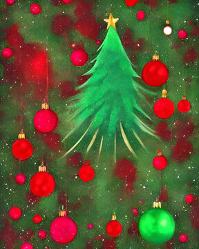 Generative AI illustration of an abstract Christmas tree background with red ornaments and one green one.