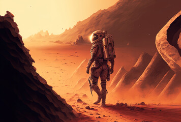 Naklejka premium Illustration of an adventurer exploring Mars. Generative AI