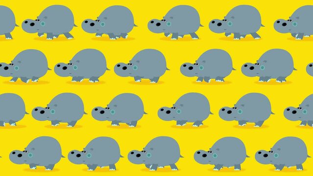 Hippopotamus cartoon gray characters wallpaper walking on yellow background. Cute children animation good as backdrop for intro, party, television programme, presentation, etc... Seamless loop.
