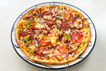 Delicious mixed pizza with rich content. Menu concept of choice and diversity. Karisik pizza