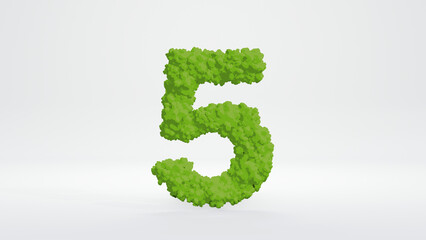 3D illustration of number five. Cute green bush style, isolated on white background with clipping path. 