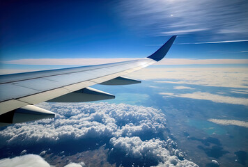 Fototapeta premium Blue sky and an aerial view of an airplane wing. Generative AI