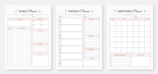 Daily, weekly, monthly planner template. 3 Set of minimalist planners. Printable Daily Weekly Monthly Planner Templates. Modern Planner Template. Planner template for Personal, Office, School & Print. - obrazy, fototapety, plakaty