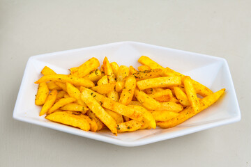 French fries Snack food crispy potato . Fast food or  snacks concept. Patates cips.
